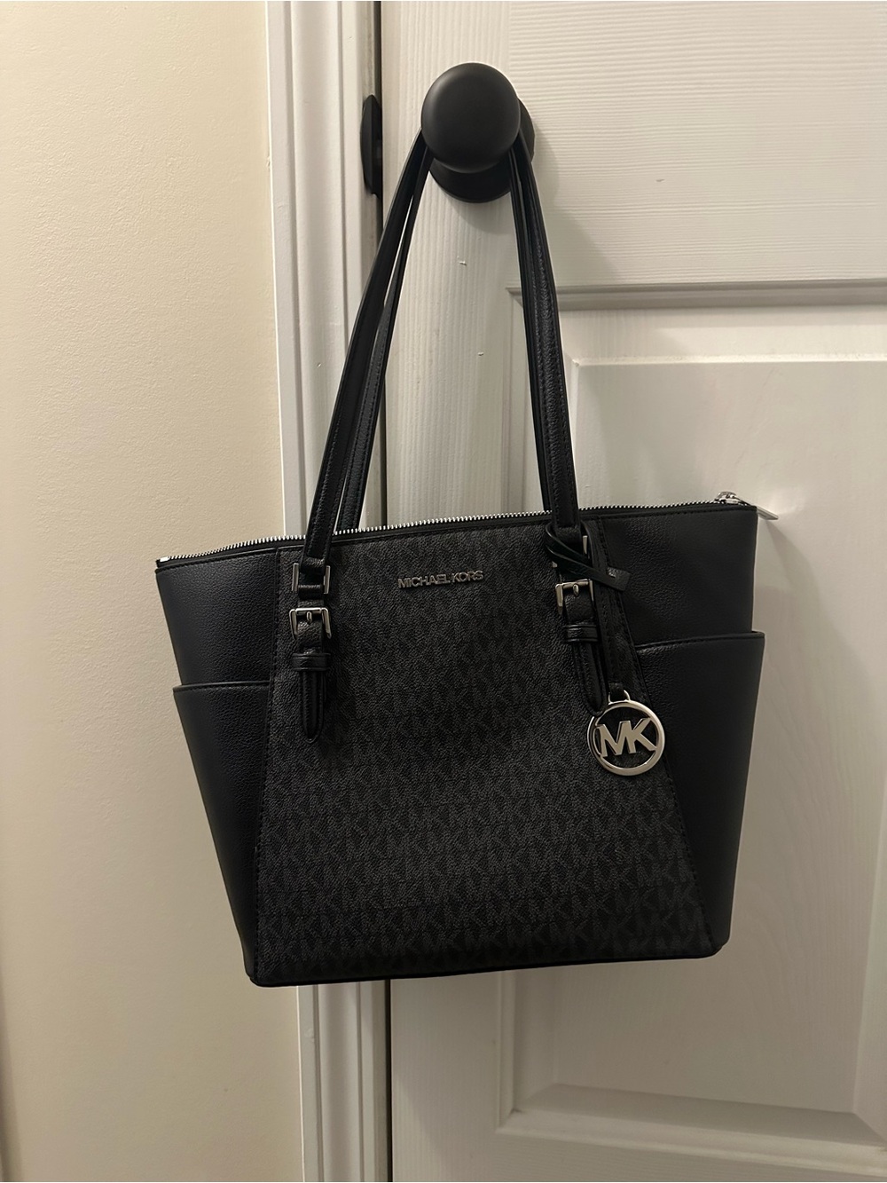 Michael Kors Black Monogram Tote with Silver MK Charm